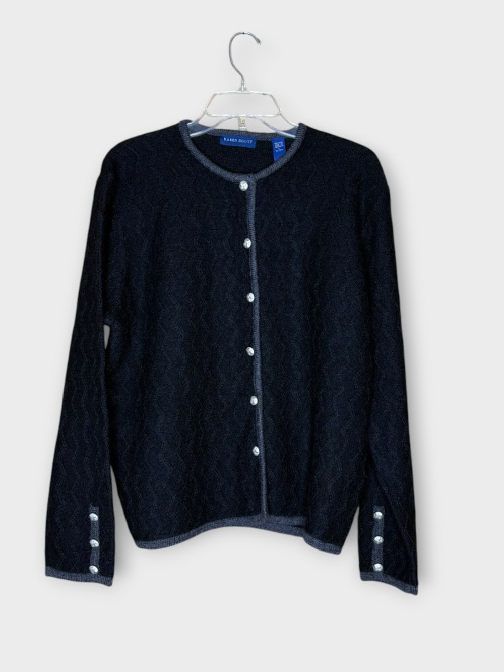 Karen Scott 100% Wool Cardigan Sweater Women’s L NWT Black Gray Button Front